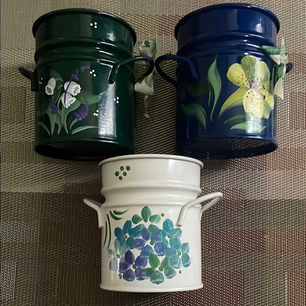 Set of Three Floral Painted Metal Buckets.